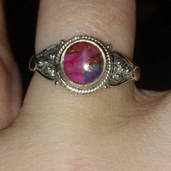 Pink Oyster Turquoise Sterling Silver Ring Size 7.75